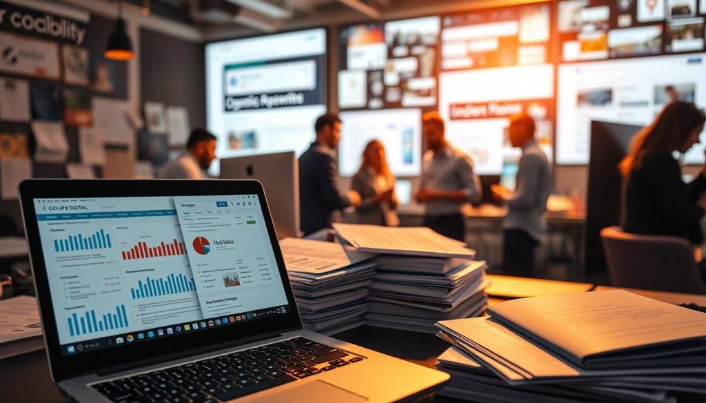A busy digital workspace with a focus on organic visibility strategies. In the foreground, a laptop displays analytics dashboards and SEO checklists, surrounded by stacks of reference materials. In the middle ground, a team of Go Up Digital professionals collaborate, discussing keyword research and content optimization techniques under the warm glow of task lighting. In the background, a digital landscape of search engine results pages, social media platforms, and web directories provides context. The overall atmosphere conveys a sense of strategic planning, attention to detail, and a commitment to maximizing organic visibility. A busy digital workspace with a focus on organic visibility strategies. In the foreground, a laptop displays analytics dashboards and SEO checklists, surrounded by stacks of reference materials. In the middle ground, a team of Go Up Digital professionals collaborate, discussing keyword research and content optimization techniques under the warm glow of task lighting. In the background, a digital landscape of search engine results pages, social media platforms, and web directories provides context. The overall atmosphere conveys a sense of strategic planning, attention to detail, and a commitment to maximizing organic visibility.