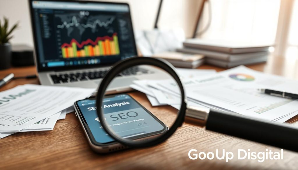 A close-up view of an office desk featuring a variety of SEO analysis tools, including a laptop displaying website analytics, a smartphone with a mobile-friendly design checker, and various paper documents and spreadsheets. In the foreground, a magnifying glass highlights the details of these essential SEO tools. The lighting is soft and natural, creating a professional and focused atmosphere. The overall scene conveys the importance of thorough SEO analysis for digital marketing, as represented by the "Go Up Digital" brand. A close-up view of an office desk featuring a variety of SEO analysis tools, including a laptop displaying website analytics, a smartphone with a mobile-friendly design checker, and various paper documents and spreadsheets. In the foreground, a magnifying glass highlights the details of these essential SEO tools. The lighting is soft and natural, creating a professional and focused atmosphere. The overall scene conveys the importance of thorough SEO analysis for digital marketing, as represented by the "Go Up Digital" brand.