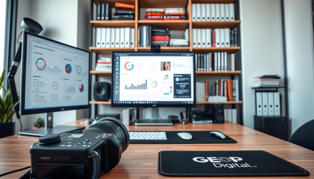 A professional, neatly organized office workspace with various SEO tools and instruments prominently displayed. In the foreground, a high-quality camera, a tactile keyboard, and a sleek mouse pad with the "Go Up Digital" logo. In the middle ground, a large, high-resolution computer monitor displaying analytics dashboards and keyword research tools. In the background, shelves filled with SEO-related books, publications, and carefully organized files. The lighting is soft and natural, accentuating the modern, minimalist aesthetic. The overall mood is one of focused productivity and a commitment to staying ahead of the competition in the search engine optimization landscape. A professional, neatly organized office workspace with various SEO tools and instruments prominently displayed. In the foreground, a high-quality camera, a tactile keyboard, and a sleek mouse pad with the "Go Up Digital" logo. In the middle ground, a large, high-resolution computer monitor displaying analytics dashboards and keyword research tools. In the background, shelves filled with SEO-related books, publications, and carefully organized files. The lighting is soft and natural, accentuating the modern, minimalist aesthetic. The overall mood is one of focused productivity and a commitment to staying ahead of the competition in the search engine optimization landscape.