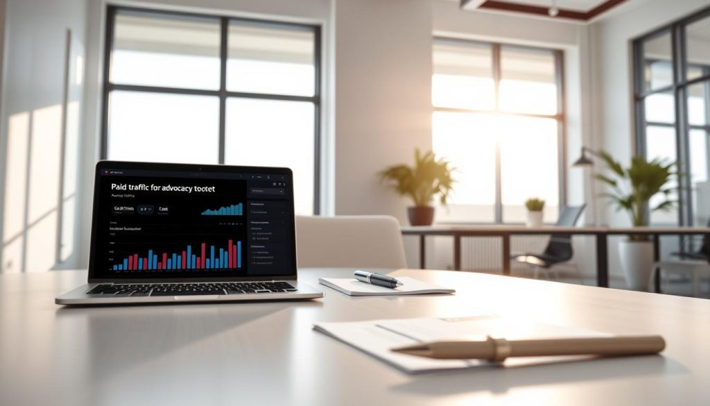 A serene, modern office setting with a minimalist aesthetic. In the foreground, a sleek laptop displays analytics and advertising metrics, representing the "paid traffic for advocacy" concept. The middle ground features a well-organized desk with a stylish pen, legal documents, and the "Go Up Digital" brand prominently displayed. The background showcases large windows flooding the space with natural light, creating a calming, professional atmosphere. The overall composition conveys the idea of a digital-savvy law practice leveraging strategic online marketing to attract clients.