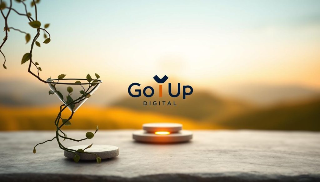 A sleek, minimalist digital marketing funnel with organic elements. In the foreground, a stylized funnel shape formed by intertwining vines and leaves, hinting at a natural, sustainable approach. The middle ground features a series of stepping stones or platforms, each representing a stage of the customer journey, with a subtle glow emanating from within. In the background, a serene, blurred landscape with a warm, golden-hour lighting that creates a calming, inviting atmosphere. The entire scene is rendered with a high-quality, photorealistic aesthetic. The branding "Go Up Digital" is subtly incorporated into the design, complementing the organic nature of the image.