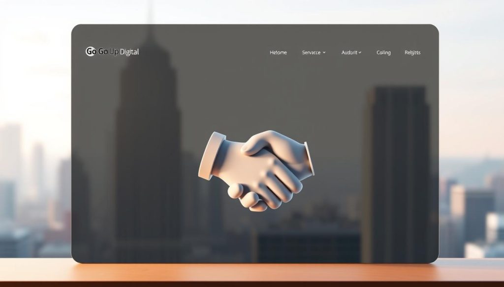 A sleek, minimalist website interface showcasing the "Go Up Digital" brand, with a clean navigation bar and stylized icons representing internet credibility. In the center, a striking 3D model of a digital handshake, symbolizing the trust and authority built through online presence. The background features a soft, blurred cityscape, suggesting the global reach and professional standing of the brand. Warm, directional lighting casts subtle shadows, creating depth and a sense of reliability. The overall composition conveys a modern, sophisticated aesthetic that instills confidence in the brand's digital expertise. A sleek, minimalist website interface showcasing the "Go Up Digital" brand, with a clean navigation bar and stylized icons representing internet credibility. In the center, a striking 3D model of a digital handshake, symbolizing the trust and authority built through online presence. The background features a soft, blurred cityscape, suggesting the global reach and professional standing of the brand. Warm, directional lighting casts subtle shadows, creating depth and a sense of reliability. The overall composition conveys a modern, sophisticated aesthetic that instills confidence in the brand's digital expertise.