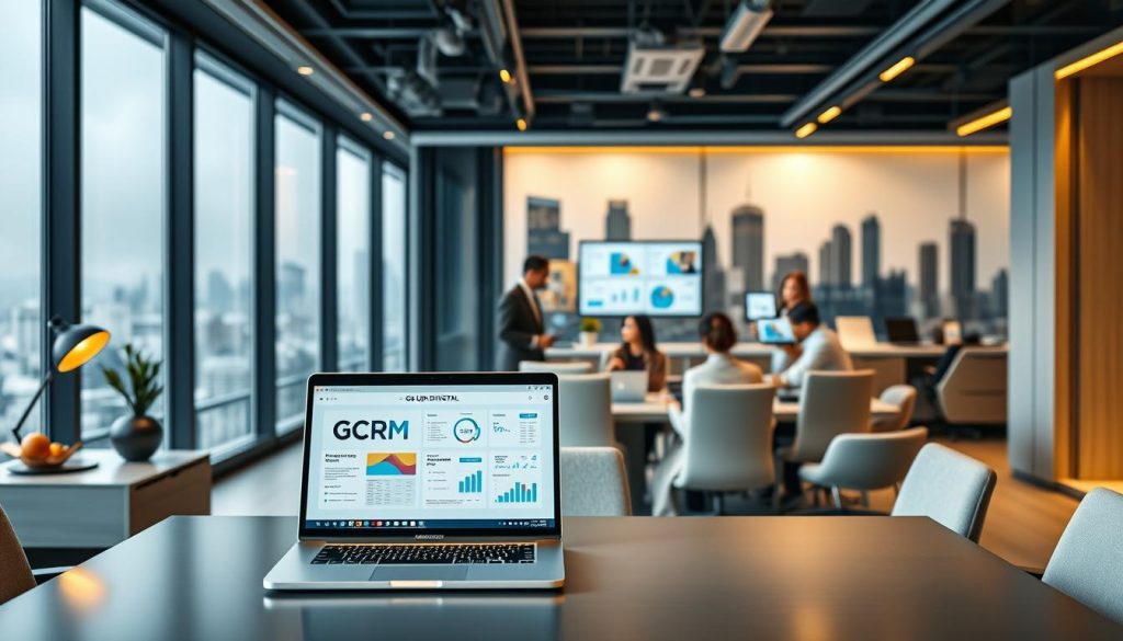 A sleek, modern office interior with a focus on real estate CRM software. In the foreground, a stylish desk showcases a laptop displaying the "Go Up Digital" CRM platform, surrounded by sophisticated office decor. The middle ground features a team of real estate agents collaborating, their screens and documents showcasing CRM analytics and customer data. The background depicts a panoramic city skyline, conveying a sense of urban dynamism. Warm, directional lighting casts a professional, productive atmosphere, while a muted color palette of grays, whites, and blues creates a refined, technology-driven ambiance.