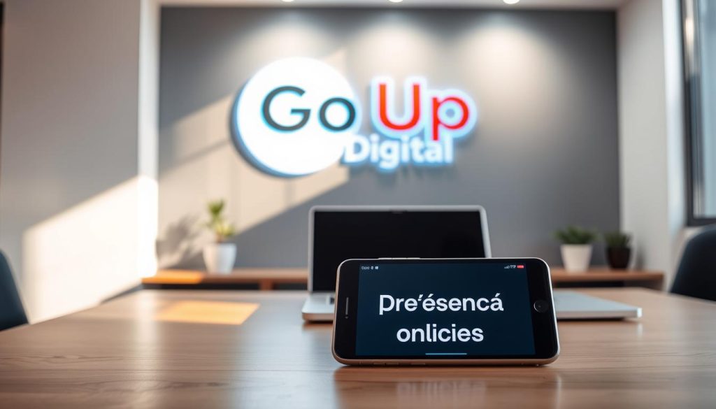 A sleek, modern office workspace with a large, prominently displayed "Go Up Digital" logo on the wall. The scene features a stylized laptop or desktop computer setup, with a minimalist design and clean lines. The lighting is bright and natural, casting a warm glow across the scene. In the foreground, a smartphone or tablet is visible, displaying a website or digital interface showcasing the concept of "presença online" (online presence). The overall atmosphere conveys a sense of professionalism, technology, and digital connectivity, reflecting the focus on organic positioning and digital marketing services. A sleek, modern office workspace with a large, prominently displayed "Go Up Digital" logo on the wall. The scene features a stylized laptop or desktop computer setup, with a minimalist design and clean lines. The lighting is bright and natural, casting a warm glow across the scene. In the foreground, a smartphone or tablet is visible, displaying a website or digital interface showcasing the concept of "presença online" (online presence). The overall atmosphere conveys a sense of professionalism, technology, and digital connectivity, reflecting the focus on organic positioning and digital marketing services.
