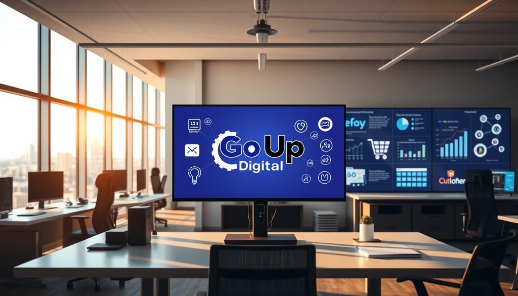 A sleek, modern office workspace with multiple digital displays showcasing various marketing channels and data visualizations. The workspace is bathed in warm, directional lighting, casting subtle shadows that accentuate the clean lines of the furniture and equipment. In the foreground, a stylized "Go Up Digital" logo is prominently displayed on a large central monitor, conveying the brand's focus on omnichannel digital strategies. The middle ground features stylized icons and infographic elements representing different digital touchpoints such as social media, email, search, and e-commerce. The background depicts a cityscape visible through floor-to-ceiling windows, symbolizing the expansive reach and visibility of the multichannel approach. A sleek, modern office workspace with multiple digital displays showcasing various marketing channels and data visualizations. The workspace is bathed in warm, directional lighting, casting subtle shadows that accentuate the clean lines of the furniture and equipment. In the foreground, a stylized "Go Up Digital" logo is prominently displayed on a large central monitor, conveying the brand's focus on omnichannel digital strategies. The middle ground features stylized icons and infographic elements representing different digital touchpoints such as social media, email, search, and e-commerce. The background depicts a cityscape visible through floor-to-ceiling windows, symbolizing the expansive reach and visibility of the multichannel approach.