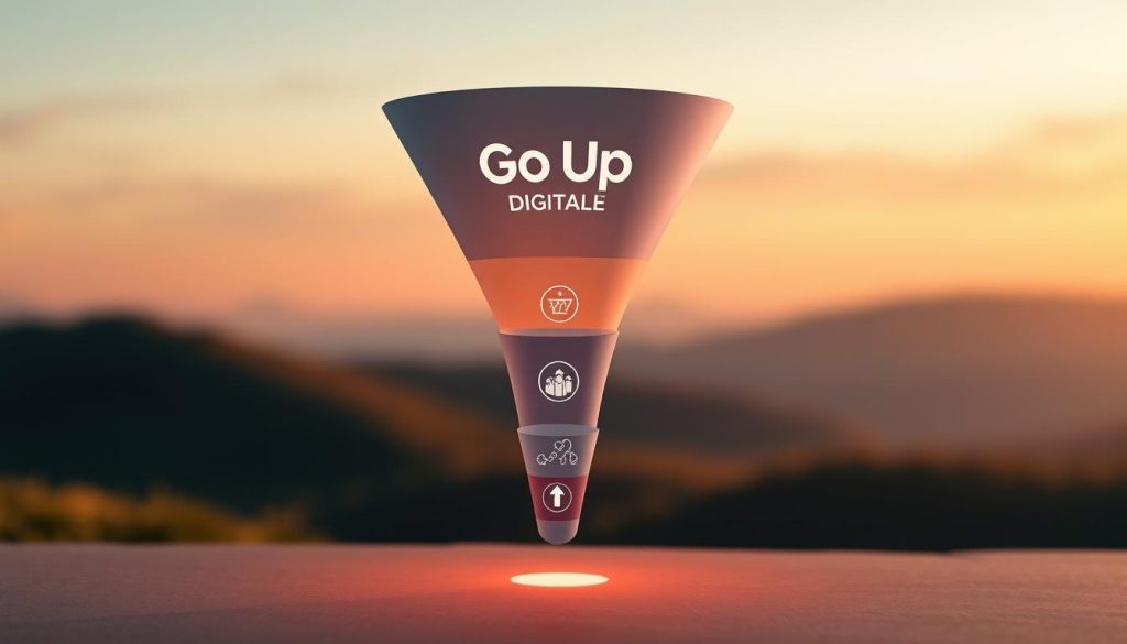 A sleek, modern organic sales funnel with the Go Up Digital brand prominently displayed. The funnel is rendered in a clean, minimalist 3D style, with a smooth gradient from top to bottom. The foreground features the distinct funnel shape with clear delineation of each stage, while the middle ground showcases subtle icons or graphics representing the sales process. The background has a soft, blurred landscape setting, conveying a sense of growth and progress. Warm, diffused lighting creates a welcoming, professional atmosphere. The overall impression is one of efficiency, clarity, and organic brand alignment.