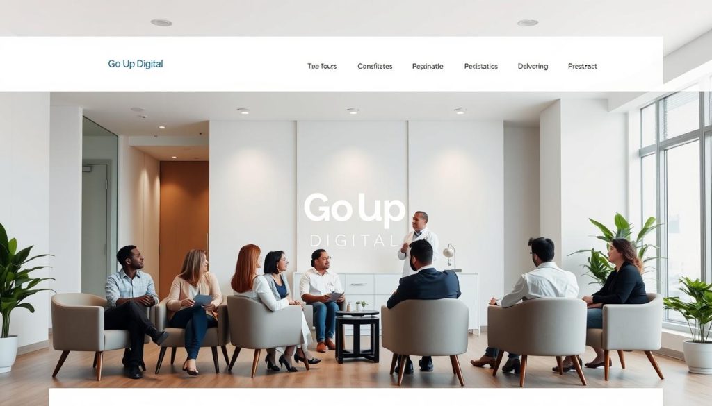 A sleek, modern website for a professional medical clinic. The homepage features a large, high-resolution hero image showcasing the clinic's serene, welcoming atmosphere. In the foreground, a group of diverse patients are seated in comfortable chairs, conversing with the clinic's staff. The middle ground highlights the clinic's branding, including the "Go Up Digital" logo, which is prominently displayed. The background depicts a minimalist, well-lit interior design with clean lines, neutral colors, and natural elements like potted plants, creating a calming and elegant ambiance. The overall impression is one of trust, expertise, and a commitment to patient-centric care. A sleek, modern website for a professional medical clinic. The homepage features a large, high-resolution hero image showcasing the clinic's serene, welcoming atmosphere. In the foreground, a group of diverse patients are seated in comfortable chairs, conversing with the clinic's staff. The middle ground highlights the clinic's branding, including the "Go Up Digital" logo, which is prominently displayed. The background depicts a minimalist, well-lit interior design with clean lines, neutral colors, and natural elements like potted plants, creating a calming and elegant ambiance. The overall impression is one of trust, expertise, and a commitment to patient-centric care.