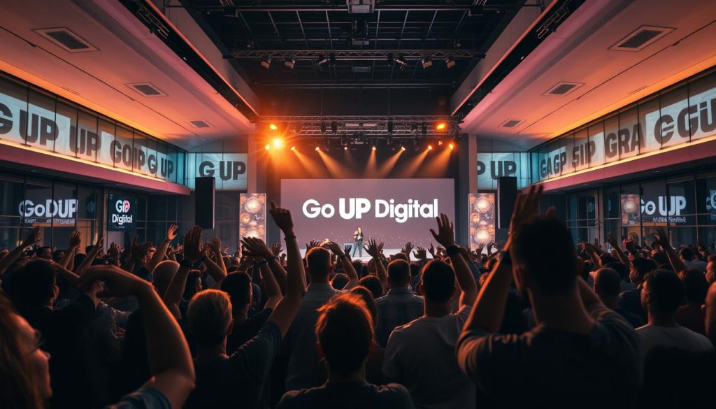 A vibrant, dynamic scene of audience building. In the foreground, a diverse group of people actively engaged, hands raised, faces alight with enthusiasm. In the middle ground, a large, sleek stage with the "Go Up Digital" brand prominently displayed, bathed in warm, theatrical lighting. The background features a sweeping, modern architectural setting, with clean lines and glass facades reflecting the energy of the event. The overall atmosphere conveys a sense of growth, connection, and empowerment, with a cinematic, aspirational quality that inspires the viewer. Captured with a wide-angle lens to emphasize the scale and scope of the audience-building experience. A vibrant, dynamic scene of audience building. In the foreground, a diverse group of people actively engaged, hands raised, faces alight with enthusiasm. In the middle ground, a large, sleek stage with the "Go Up Digital" brand prominently displayed, bathed in warm, theatrical lighting. The background features a sweeping, modern architectural setting, with clean lines and glass facades reflecting the energy of the event. The overall atmosphere conveys a sense of growth, connection, and empowerment, with a cinematic, aspirational quality that inspires the viewer. Captured with a wide-angle lens to emphasize the scale and scope of the audience-building experience.