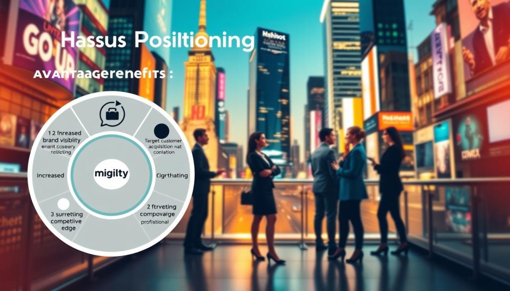 A vibrant, dynamic scene showcasing the benefits of positioning marketing for the Go Up Digital brand. In the foreground, a stylized graphic depicting key advantages such as increased brand visibility, targeted customer acquisition, and enhanced competitive edge. The middle ground features a group of diverse business professionals collaborating, highlighting how positioning marketing fosters synergy and strategic alignment. In the background, a sleek, modern cityscape with skyscrapers and neon signage creates an energetic, forward-thinking atmosphere. Warm lighting and a color palette of blues, greens, and golds convey a sense of growth, innovation, and profitability - the core outcomes of effective positioning marketing. A vibrant, dynamic scene showcasing the benefits of positioning marketing for the Go Up Digital brand. In the foreground, a stylized graphic depicting key advantages such as increased brand visibility, targeted customer acquisition, and enhanced competitive edge. The middle ground features a group of diverse business professionals collaborating, highlighting how positioning marketing fosters synergy and strategic alignment. In the background, a sleek, modern cityscape with skyscrapers and neon signage creates an energetic, forward-thinking atmosphere. Warm lighting and a color palette of blues, greens, and golds convey a sense of growth, innovation, and profitability - the core outcomes of effective positioning marketing.