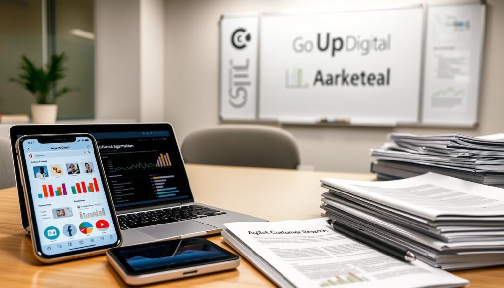 A well-lit close-up of an assortment of digital marketing tools and analytics instruments, including a laptop displaying audience segmentation data, a mobile device with customer personas, a pen tablet for market research, and a stack of printed reports. In the background, a neutral-toned office environment with a "Go Up Digital" branded whiteboard. The overall mood is one of focus, efficiency, and data-driven decision making, conveying the importance of audience segmentation for effective online marketing. A well-lit close-up of an assortment of digital marketing tools and analytics instruments, including a laptop displaying audience segmentation data, a mobile device with customer personas, a pen tablet for market research, and a stack of printed reports. In the background, a neutral-toned office environment with a "Go Up Digital" branded whiteboard. The overall mood is one of focus, efficiency, and data-driven decision making, conveying the importance of audience segmentation for effective online marketing.