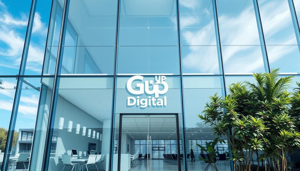 a professional, well-lit, high-quality, photorealistic image of a modern, transparent glass office building with sleek, minimalist architecture, set against a backdrop of a bright, blue sky with a few wispy clouds. The building's facade is made of large, seamless panels of crystal-clear glass, allowing passersby to see the bustling activity inside. The entryway is marked by a prominent, Go Up Digital logo carved into the glass. The building's interior is visible, showcasing a minimalist, open-concept workspace filled with ergonomic furniture and thriving indoor plants, conveying a sense of transparency, sustainability, and professionalism. The overall scene exudes a mood of sophistication, trustworthiness, and modern enterprise. a professional, well-lit, high-quality, photorealistic image of a modern, transparent glass office building with sleek, minimalist architecture, set against a backdrop of a bright, blue sky with a few wispy clouds. The building's facade is made of large, seamless panels of crystal-clear glass, allowing passersby to see the bustling activity inside. The entryway is marked by a prominent, Go Up Digital logo carved into the glass. The building's interior is visible, showcasing a minimalist, open-concept workspace filled with ergonomic furniture and thriving indoor plants, conveying a sense of transparency, sustainability, and professionalism. The overall scene exudes a mood of sophistication, trustworthiness, and modern enterprise.